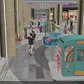 Decorative Teal Tram In Indoor Mall With Columns And Pedestrians Around