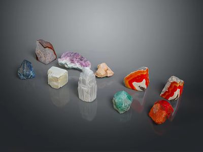 Various Colored Natural Minerals With Different Shapes Displayed on Reflective Surface 3d model