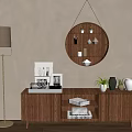 Wooden Entryway Cabinet Sideboard With Photo Frames Books Green Plants Vases And Round Wall Shelf