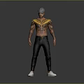 Man With Gray Hair Yellow Decorative Shoulder Piece Tattoos Black Pants And White Sneakers