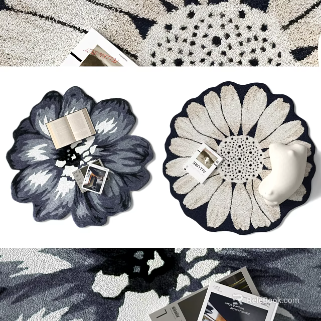 Flower Shaped Area Rugs With Books Photos And Decorative Pieces 3d model 