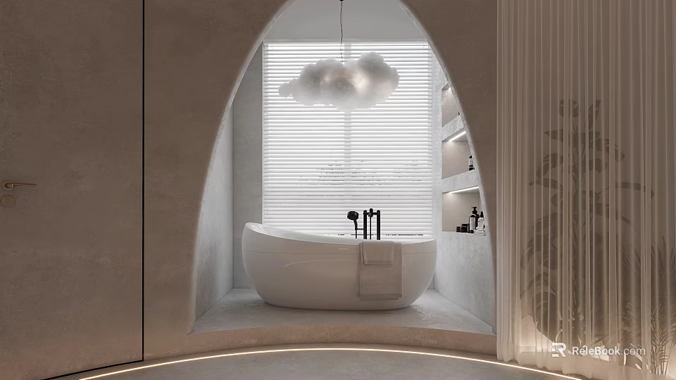 Relaxing Modern SPA Sauna Bathroom With White Bathtub Cloud Light Blinds Wall Niche And Plants 3d model 