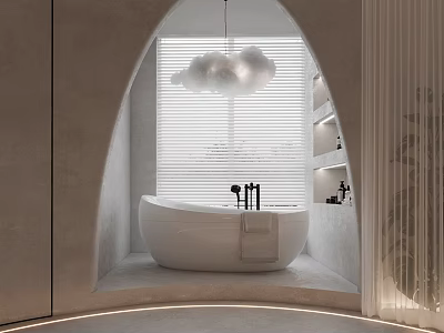 Relaxing Modern SPA Sauna Bathroom With White Bathtub Cloud Light Blinds Wall Niche And Plants 3d model