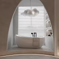 Relaxing Modern SPA Sauna Bathroom With White Bathtub Cloud Light Blinds Wall Niche And Plants