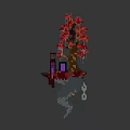 Block Style Floating Island Scenery with Red Tree Purple Building and Misty Cloud Base