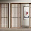 Wooden Frame Sliding Doors With Grid Design Open Near Minimalist Artwork