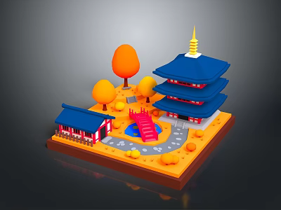 Traditional Asian Pagoda Building With Blue Roof And Orange Trees Around Red Bridge And Pond 3d model