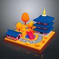 Traditional Asian Pagoda Building With Blue Roof And Orange Trees Around Red Bridge And Pond