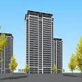 Modern High Rise Residential Building With Green Landscaping And Surrounding Trees
