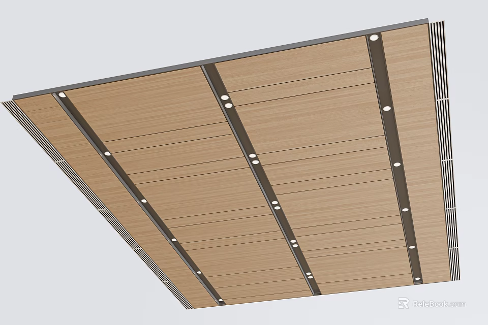 Modern Interior Wooden Striped Ceiling Design With Recessed Lights And Clean Lines 3d model 