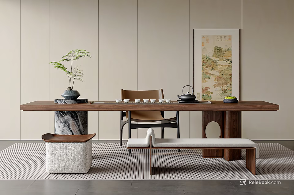 Modern Wooden Tea Table And Chairs With Tea Set Green Plant And Landscape Painting 3d model 