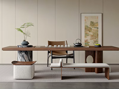 Modern Wooden Tea Table And Chairs With Tea Set Green Plant And Landscape Painting 3d model