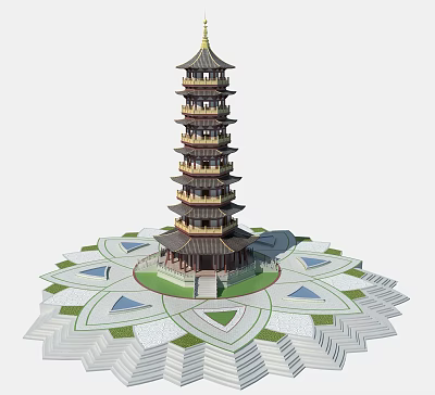 Traditional Multi Tiered Pagoda With Golden Decorations On Circular Lotus Pattern Stone Base 3d model