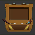 Open Orange Treasure Chest With Curved Keys Red Potion Blue Dagger And Tools