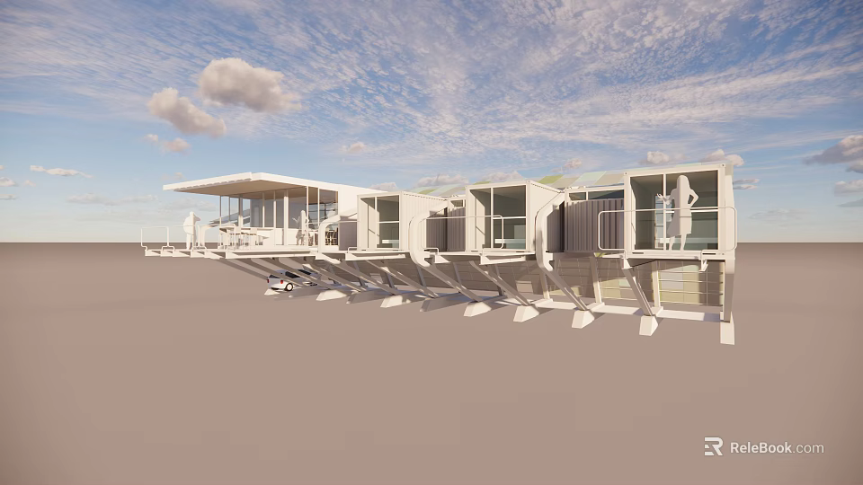 Modern Container Detached Villa With White Exterior Large Windows And Balcony 3d model 