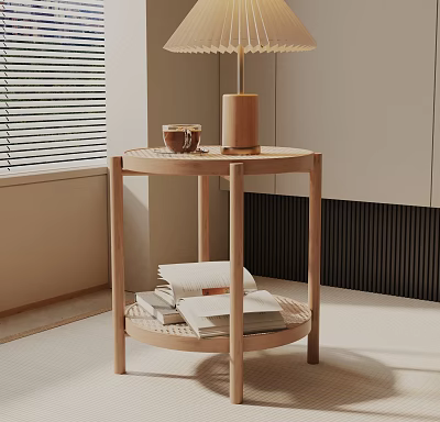 Modern Minimalist Wooden Side Table With Round Top Lower Shelf Books Lamp And Cup 3d model