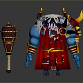 Blue Skinned White Haired Ox Like Game Character With Red Gold Armor And Hammer Weapon