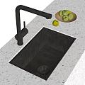 Sleek Black Kitchen Sink With Black Faucet On Light Patterned Countertop And Fresh Fruits Plate