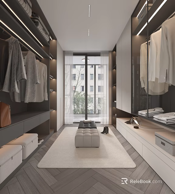 Modern Walk in Closet Interior With Hanging Clothes Storage Ottomans And Windows 3d model 