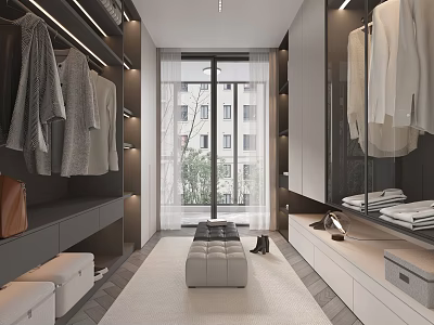 Modern Walk in Closet Interior With Hanging Clothes Storage Ottomans And Windows 3d model