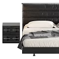 Modern Double Bed With Black Leather Headboard And Nightstand With Round Cutouts