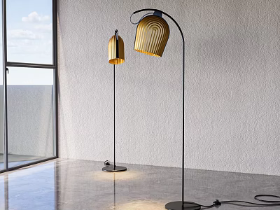 Two Modern Floor Lamps With Golden Shades And Black Stands In Bright Interior 3d model
