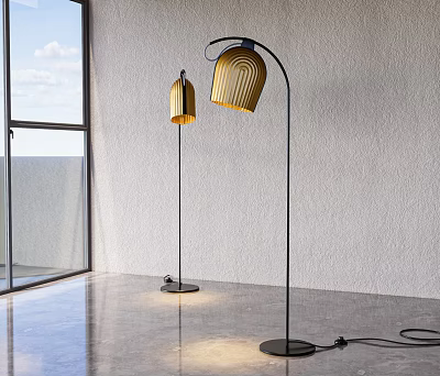 Two Modern Floor Lamps With Golden Shades And Black Stands In Bright Interior 3d model