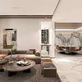 Modern Dining and Living Room Interior With Sofa Coffee Table Dining Table And Marble Wall Decor