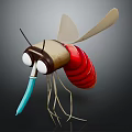 Cartoon Mosquito Character With Big Eyes Red Striped Body Transparent Wings And Blue Proboscis