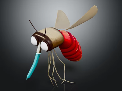Cartoon Mosquito Character With Big Eyes Red Striped Body Transparent Wings And Blue Proboscis 3d model