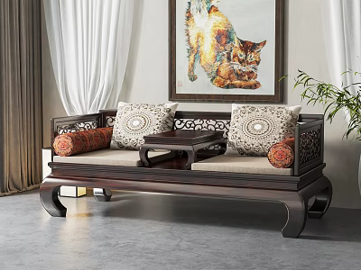 Traditional Chinese Style Dark Wooden Luohan Bed with Patterned Cushions and Tea Table 3d model