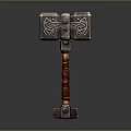 Decorative Warhammer Weapon With Carved Patterns On Metallic Head And Brown Wrapped Handle