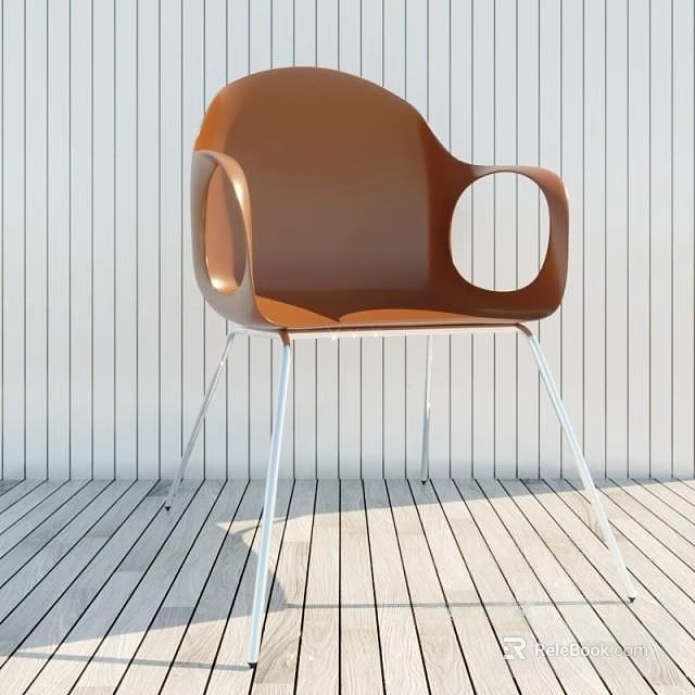 Modern Brown Dining Chair With Armrest And Metal Legs In Wooden Setting 3d model 