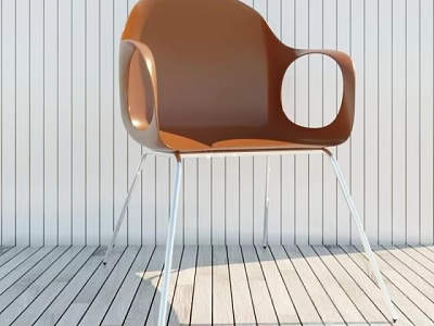 Modern Brown Dining Chair With Armrest And Metal Legs In Wooden Setting 3d model