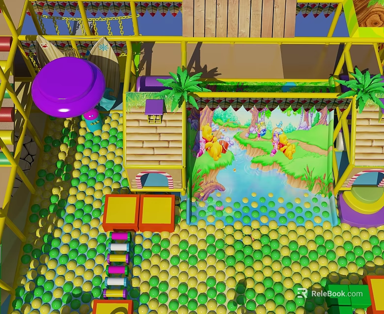 Colorful Commercial Indoor Playground Equipment With Ball Pit Wooden Steps Mural Background And Palm Trees 3d model 