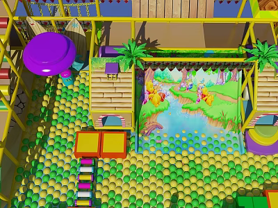 Colorful Commercial Indoor Playground Equipment With Ball Pit Wooden Steps Mural Background And Palm Trees 3d model