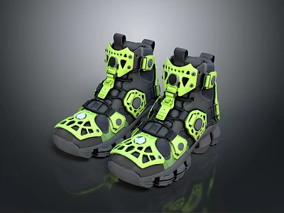 Stylish Modern Sneakers Design With Black And Neon Green Hollowed Out Patterns And Thick Sole 3d model