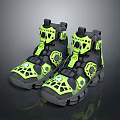 Stylish Modern Sneakers Design With Black And Neon Green Hollowed Out Patterns And Thick Sole