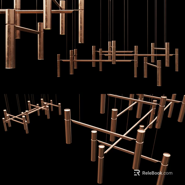 Modern Copper Metal Chandelier With Geometric Intersecting Bars In Interior Space 3d model 