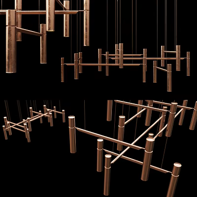 Modern Copper Metal Chandelier With Geometric Intersecting Bars In Interior Space 3d model