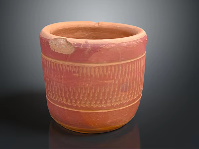 Ancient Reddish Brown Clay Pot With Striped Patterns And Worn Edges 3d model