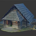 Cartoon Scene Of Rustic Log Cabin With Tiled Roof And Wooden Door