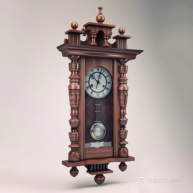 Classic Wooden Grandfather Clock With Carved Details Round Dial And Pendulum 3d model 