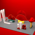 Red Background Display With Fan Decorations Logo Gold Elements And Gift Boxes 3d model