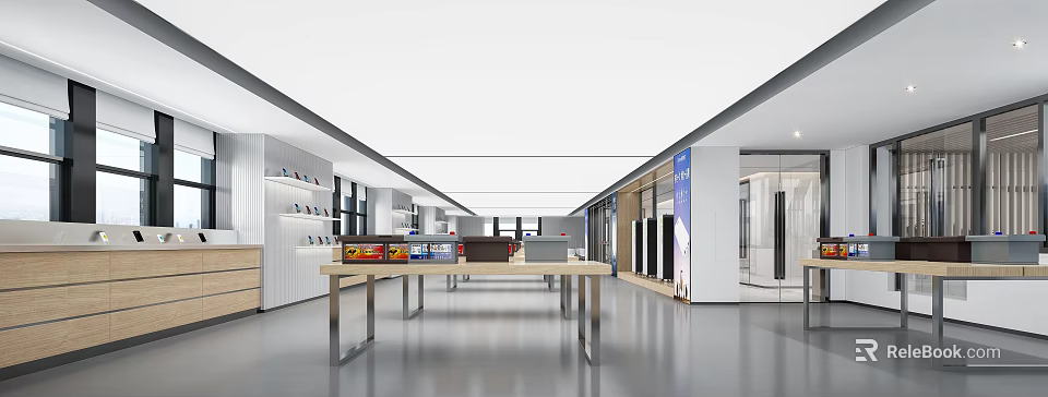Modern Spacious Showroom Interior Design With Long Wooden Table Display Cabinets And Appliances 3d model 