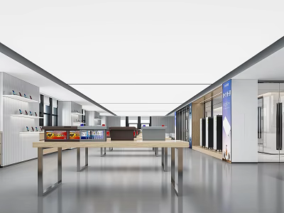 Modern Spacious Showroom Interior Design With Long Wooden Table Display Cabinets And Appliances 3d model