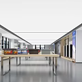 Modern Spacious Showroom Interior Design With Long Wooden Table Display Cabinets And Appliances