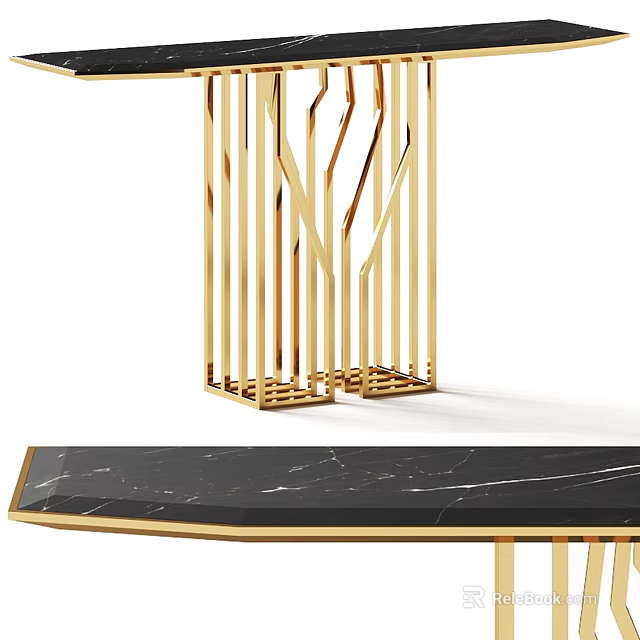 Luxurious Gold Geometric Frame Structure With Black Marble Tabletop 3d model 