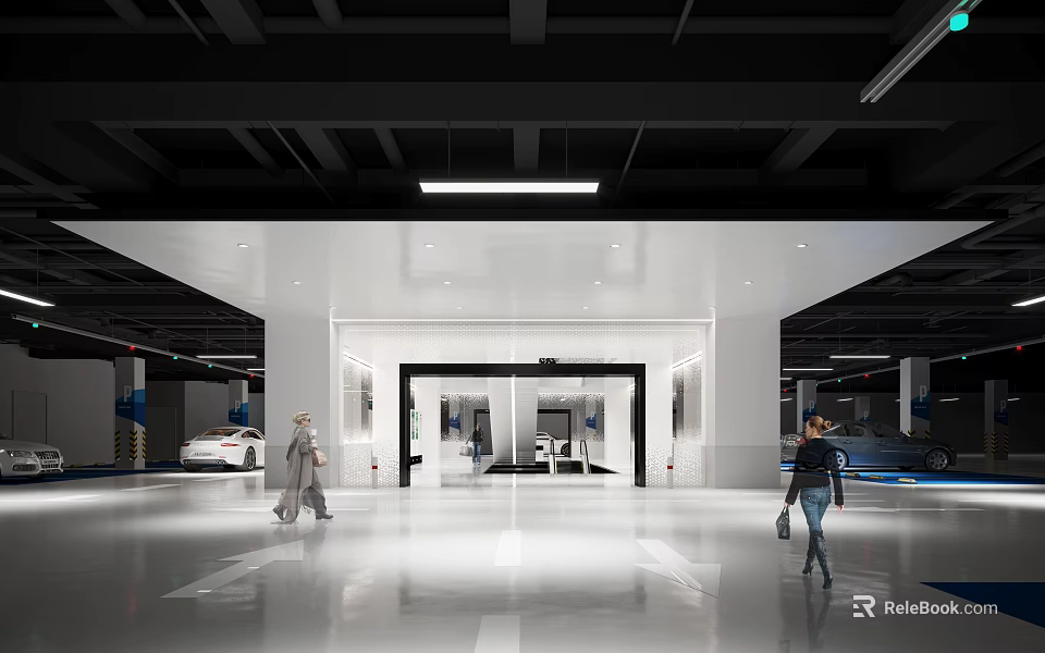 Modern Bright Parking Garage Interior With Shiny Floor Pedestrians And Parked Cars 3d model 