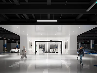 Modern Bright Parking Garage Interior With Shiny Floor Pedestrians And Parked Cars 3d model